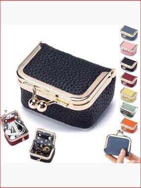 Genuine Leather Mini Jewelry Box with Kiss Lock, Travel Ring Case for Earrings